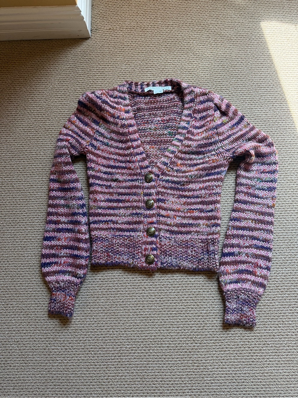 Striped Multi-Pink V-Neck Button Cardigan Sweater